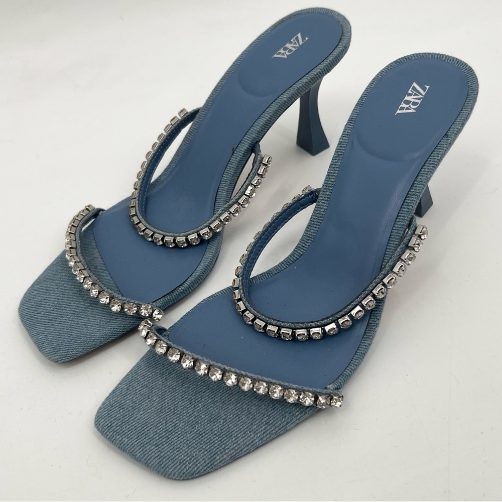 Zara denim Blue Rhinestone Slide Strappy square toed  Heels new size 39 - Picture 3 of 6